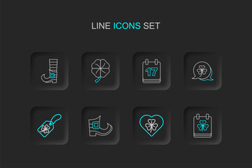 Set line Saint Patricks day with calendar, Heart clover trefoil leaf, Leprechaun boot, Clover tag, Four and icon. Vector