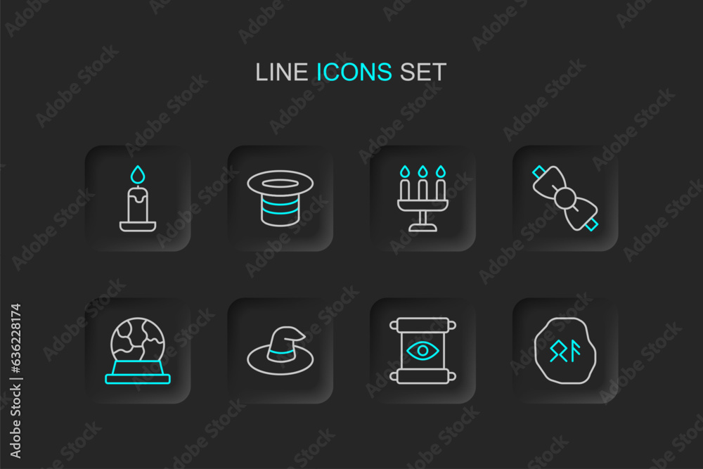 Wall mural set line magic runes, scroll, witch hat, ball, bow tie, candlestick, and burning candle icon. vector