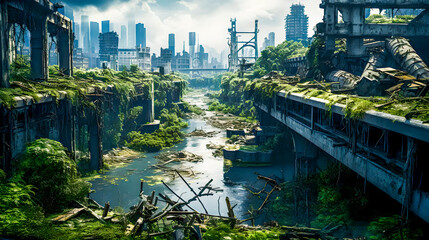 A ruined and abandoned post-apocalypse city with destroyed emergency houses and covered with forest and green plants. - obrazy, fototapety, plakaty