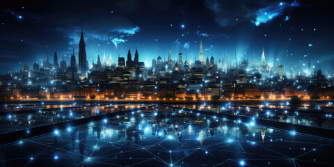 Fototapeta na wymiar A dark blue cityscape background with a network of interconnected innovation icons representing technological advancements. Created with Generative AI