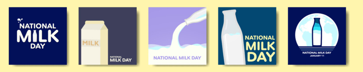 Cute and Colorful National Milk Day Greeting Card Poster Designs. Minimalist Milk bottle and milk carton concept. Vector Illustration.