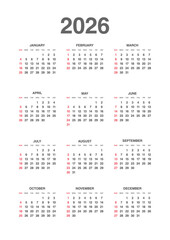 Annual calendar for 2026 with a simple design vertical layout