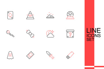 Set line Hand saw, Dagger, Circus ticket, Ghost, Mystery box, Moon stars, Bow tie and Magic staff icon. Vector