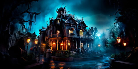 haunted mansion with ghostly apparitions, creaking doors, and flickering candlelight. Generative Ai