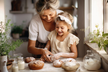 AI generated image of grandma with granddaughter baking