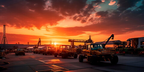 Industrial zone at sunset, with silhouettes of machinery and buildings against a colorful sky. Generative Ai