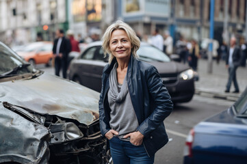 Fototapeta na wymiar AI generated image of woman after car accident in the city