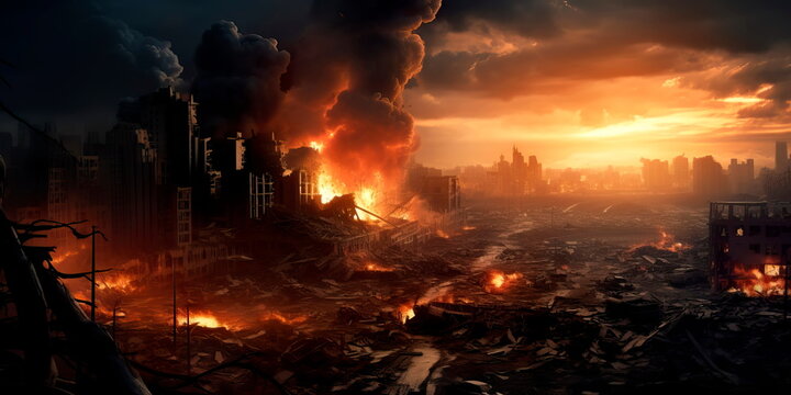 Soncept of war and destroyed city Fantastic background Generative Ai
