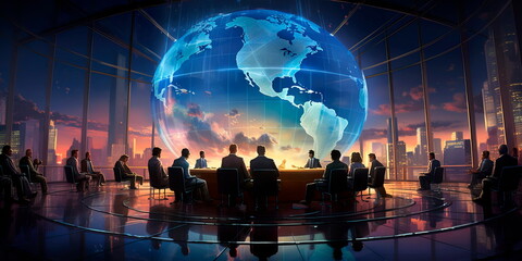 think tank brainstorming session focused on analyzing and forecasting global geopolitical and economic trends. Generative Ai