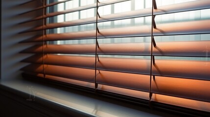Window with modern horizontal blinds indoors, closeup created with Generative AI technology