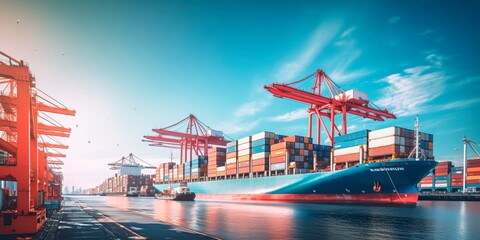container ship docked at a busy port, symbolizing the interconnectedness of global trade. Generative Ai