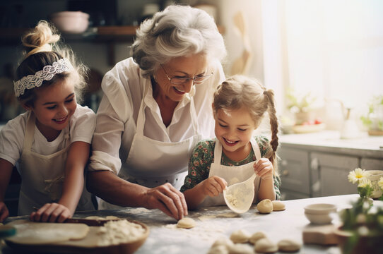 AI generated image of grandma with granddaughter baking