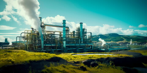 geothermal power plant extracting heat from beneath the Earth's surface for clean and sustainable energy production. Generative Ai - obrazy, fototapety, plakaty