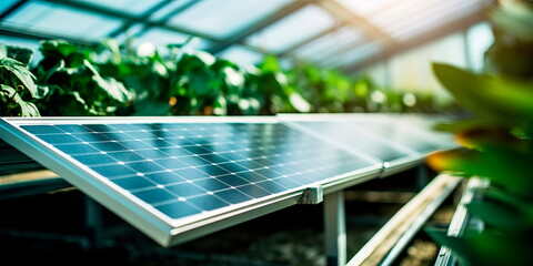 Fototapeta premium Green House energy, solar energy panels. Environmental, Social, and Corporate House Governance concept Generative AI