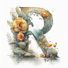 r letter flower, watercolor style Generative AI