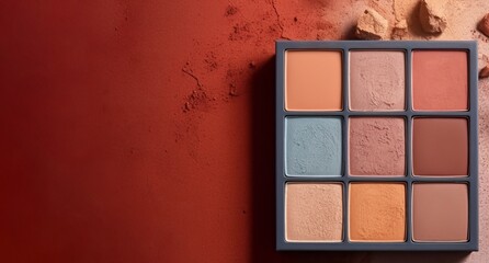 Fototapeta premium Eye shadow palette on terracotta background with copy space. AI generated digital design. 