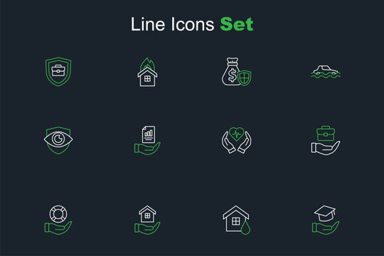 Set line Education grant, House flood, in hand, Lifebuoy, Hand holding briefcase, insurance, Contract and Shield eye icon. Vector
