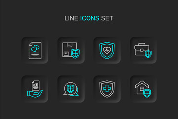 Set line House with shield, Life insurance, Shield, Contract hand, Briefcase, Delivery security and Marriage contract icon. Vector