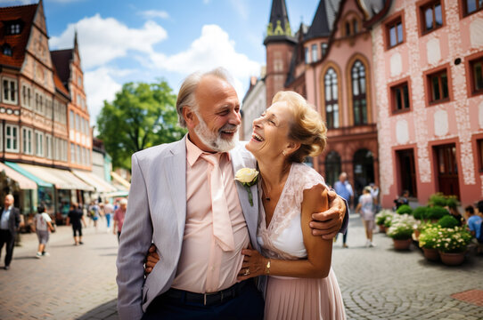 AI generated image of mature wedding couple in the city