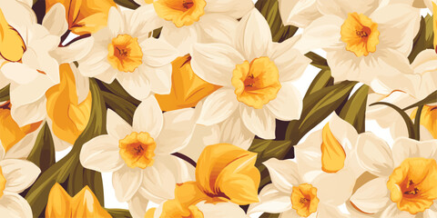 Fototapeta premium Vintage vector abstract flowers print. Vector illustration of flowers, daffodil, narcissus, tulip, frame, wild flowers, plants and leaves, Modern seamless pattern. Fashionable template for design