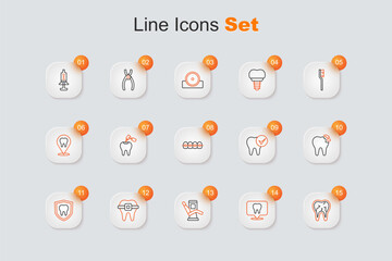 Set line Broken tooth, Dental clinic location, Medical dental chair, Teeth with braces, protection, Tooth and icon. Vector