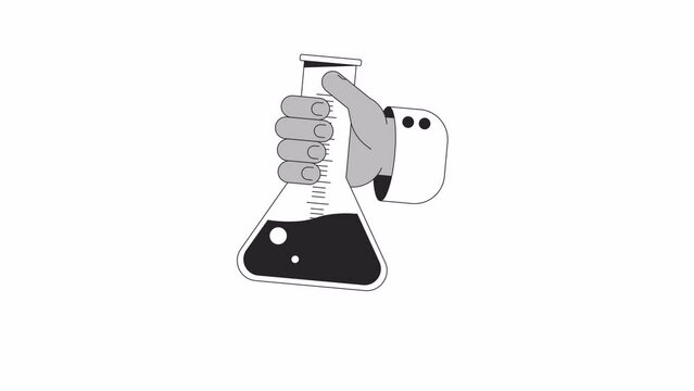Scientist flask holding bw outline 2D character hand animation. Laboratory research monochrome linear cartoon 4K video. Lab erlenmeyer. Hand chemistry animated body part isolated on white background