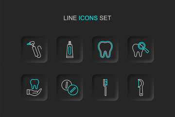 Set line Dental floss, Toothbrush, Toothache painkiller tablet, Broken tooth, Tube of toothpaste and drill icon. Vector