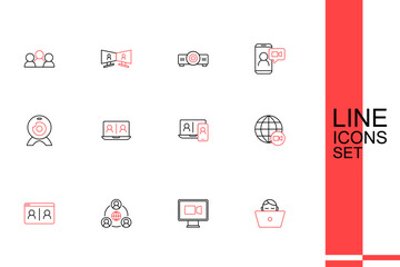 Set line Freelancer, Video chat conference, Meeting, and Web camera icon. Vector