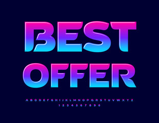 Vector promo flyer Best Offer. Colorful glossy Font. Bright Alphabet Letters, Numbers and Symbols 