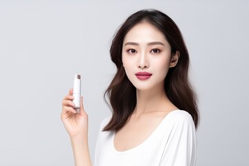 model in a white studio backdrop, holding a lipstick. Showcase the vibrant colors of the lipstick, contrasting with the clean,Generated with AI