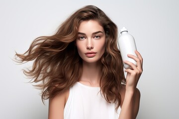 Beauty model holds bottle of shampoo or conditioner on white background.Generated with AI - obrazy, fototapety, plakaty