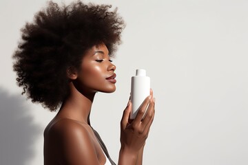 Beauty model holds bottle of shampoo or conditioner on white background.Generated with AI - obrazy, fototapety, plakaty