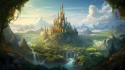Castle Mountain with Fantasy landscape Realistic and Futuristic Style. Video Game's Digital CG Artwork, Concept Illustration, Realistic Cartoon Style Scene Design