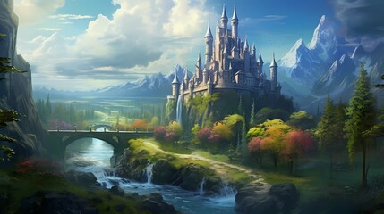Fototapeta premium Castle Mountain with Fantasy landscape Realistic and Futuristic Style. Video Game's Digital CG Artwork, Concept Illustration, Realistic Cartoon Style Scene Design