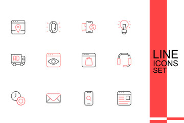 Set line Advertising, Magnifying glass and mobile, Mail e-mail, Time management, Headphones, Online shopping screen, Personal information collection and truck icon. Vector