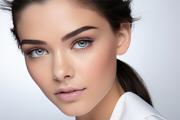 Naklejka premium model in a white studio backdrop, skillfully applying eye lashes, eye lid, eyeliner, and mascara. Showcase the artistry of eye makeup. Generated with AI