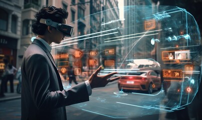 Industrial Engineer Wearing Virtual Reality Headset and scientific research Futuristic Mixed Reality Generative AI