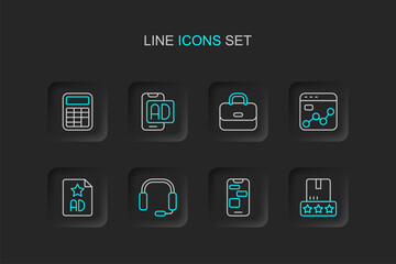 Set line Consumer product rating, Mobile 24 hours support, Headphones, Advertising, Market analysis, Briefcase, and Calculator icon. Vector