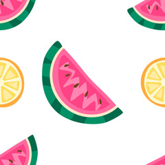 Watermelon and lemon seamless pattern. Refreshing summer wallpaper in vibrant colours.