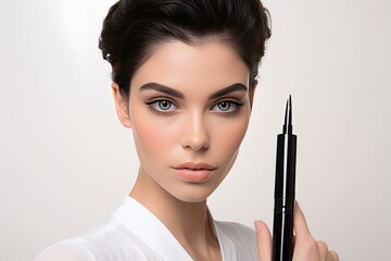 Obraz premium model in a white studio backdrop, skillfully applying eye lashes, eye lid, eyeliner, and mascara. Showcase the artistry of eye makeup. Generated with AI