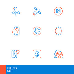 Set line Acid rain radioactive cloud, Lightning bolt, Thermometer, Sun, Weather forecast app, Moon, Compass north and Satellite icon. Vector