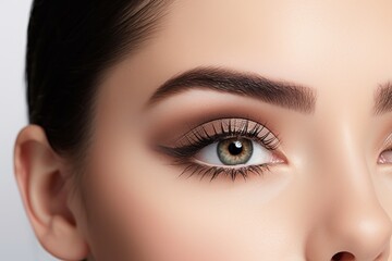 model in a white studio backdrop, skillfully applying eye lashes, eye lid, eyeliner, and mascara. Showcase the artistry of eye makeup. Generated with AI