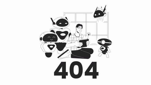 STEM robotics black and white error 404 animation. Science technology engineering error message gif, motion graphic. Male engineer with robots animated character linear 4K video isolated on white