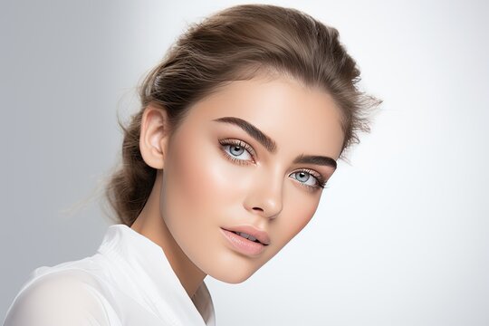 model in a white studio backdrop, skillfully applying eye lashes, eye lid, eyeliner, and mascara. Showcase the artistry of eye makeup. Generated with AI
