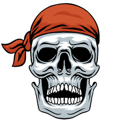 Scary skull head illustration wearing red bandana hand drawn vintage style