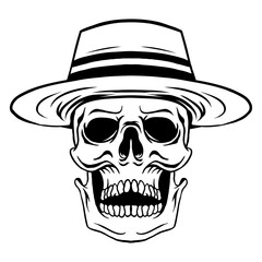 Skull wearing straw hat in black and white vintage style