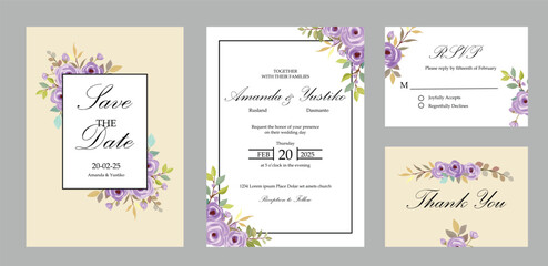 Wedding Invitation save the date thank you RSVP card Design template. Vector. purple roses.