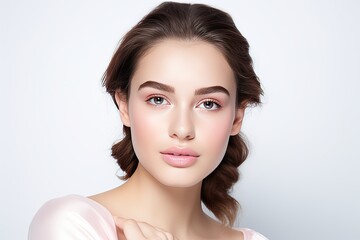 model in a white studio backdrop, holding a powder compact. Generated with AI