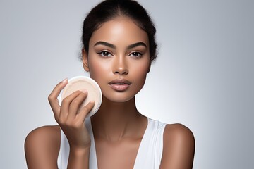 model in a white studio backdrop, holding a powder compact. Generated with AI - obrazy, fototapety, plakaty