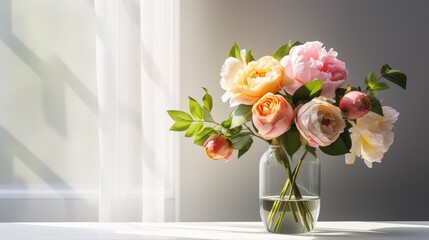 pink and white peonies flowers in a vase on the windowsill with sunbeams, with a white background in a room, product display presentation background or backdrop